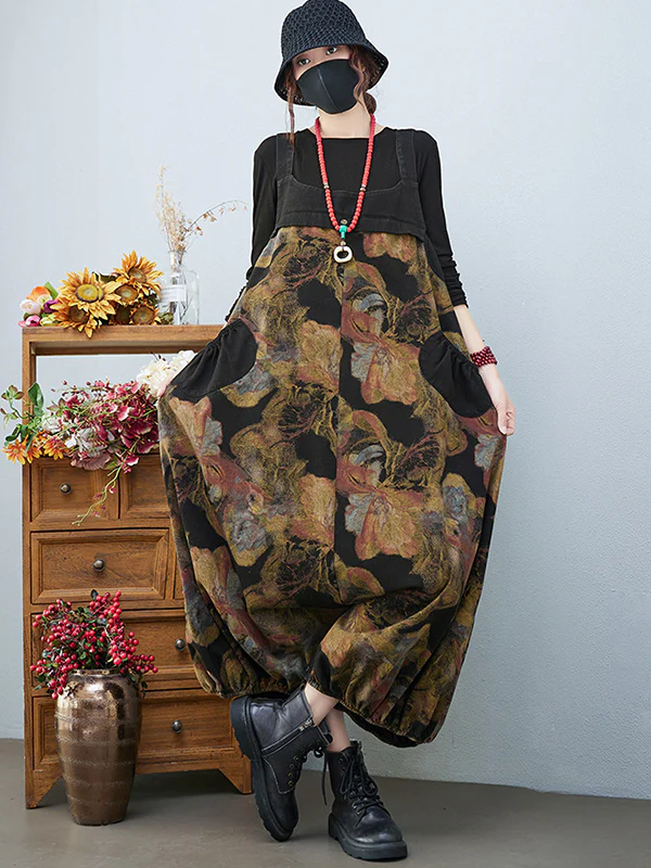 Artistic Retro Vintage Loose Floral Printed Square-Neck Sleeveless Overalls - Image 2