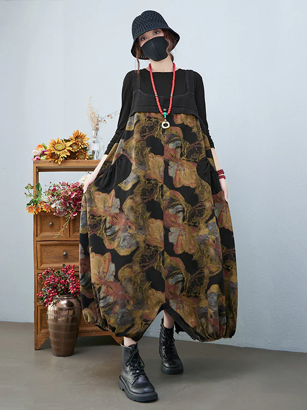 Artistic Retro Vintage Loose Floral Printed Square-Neck Sleeveless Overalls - Image 3