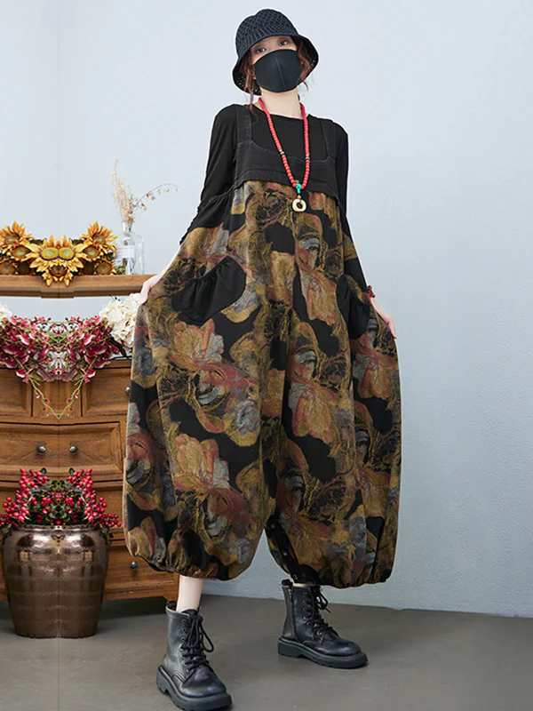 Artistic Retro Vintage Loose Floral Printed Square-Neck Sleeveless Overalls - Image 4