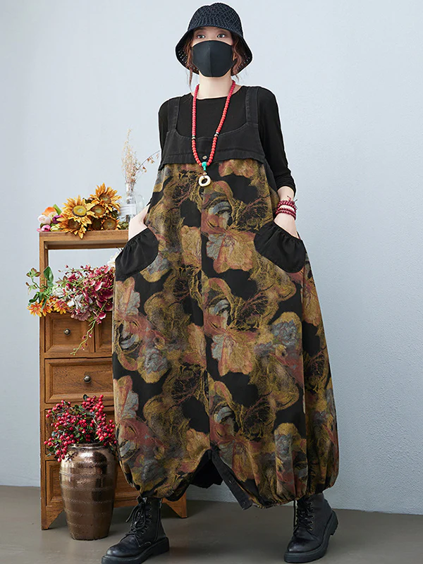 Artistic Retro Vintage Loose Floral Printed Square-Neck Sleeveless Overalls - Image 5