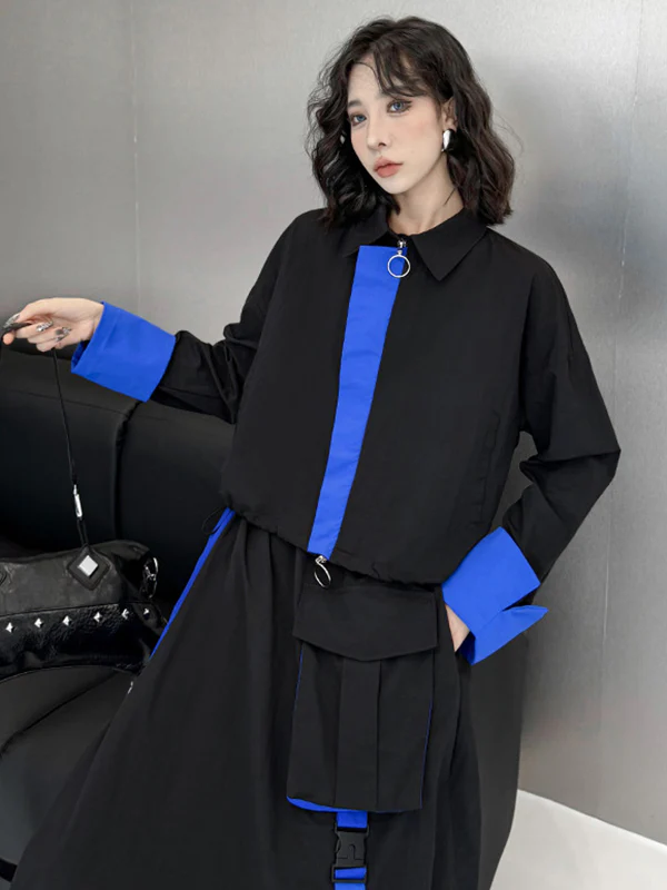 Asymmetric Contrast Color Split-Joint Lapel Blouses&Shirts Tops + A-Line Elasticated Waist Pockets Streamer Skirts Bottoms Two Pieces Set - Image 10