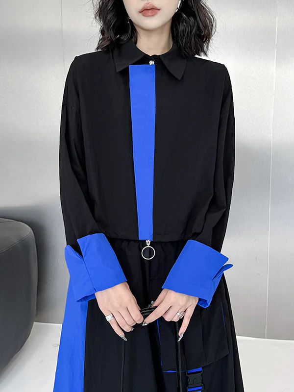 Asymmetric Contrast Color Split-Joint Lapel Blouses&Shirts Tops + A-Line Elasticated Waist Pockets Streamer Skirts Bottoms Two Pieces Set - Image 11