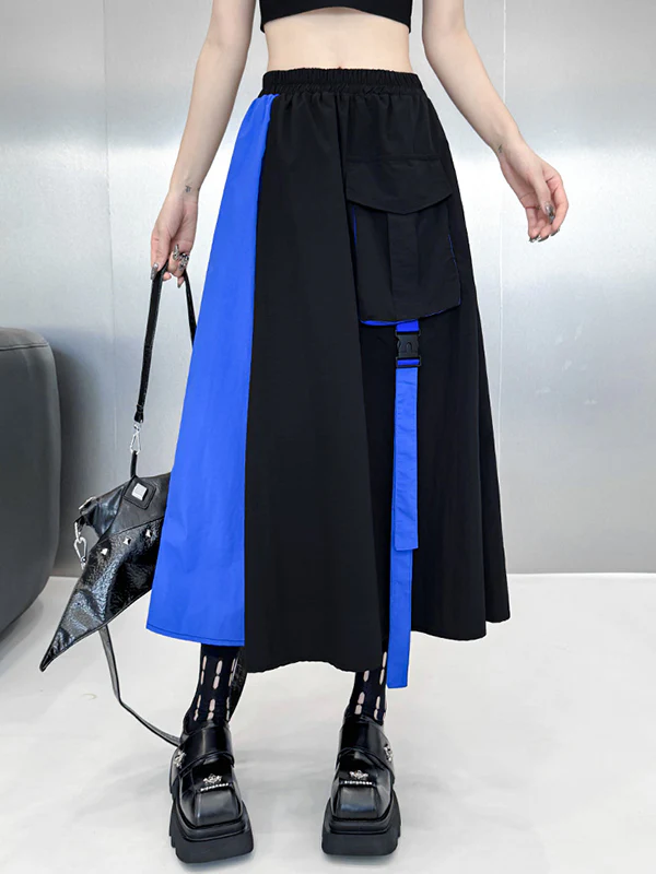 Asymmetric Contrast Color Split-Joint Lapel Blouses&Shirts Tops + A-Line Elasticated Waist Pockets Streamer Skirts Bottoms Two Pieces Set - Image 12
