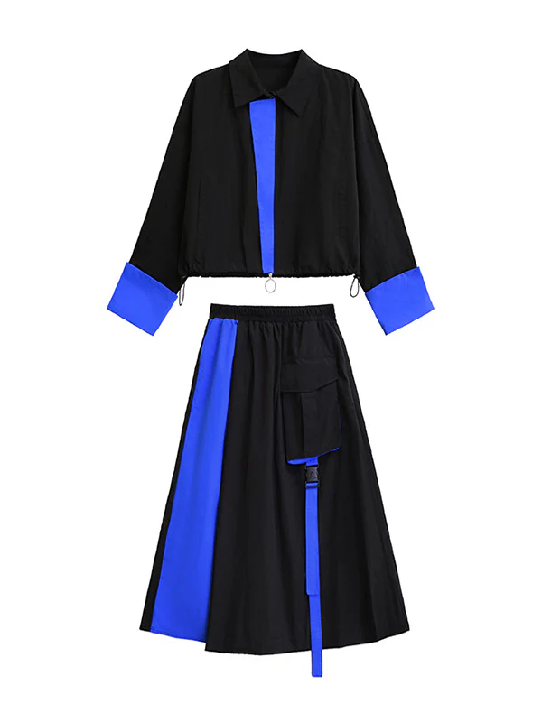 Asymmetric Contrast Color Split-Joint Lapel Blouses&Shirts Tops + A-Line Elasticated Waist Pockets Streamer Skirts Bottoms Two Pieces Set - Image 14