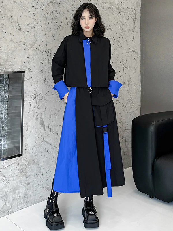Asymmetric Contrast Color Split-Joint Lapel Blouses&Shirts Tops + A-Line Elasticated Waist Pockets Streamer Skirts Bottoms Two Pieces Set - Image 2