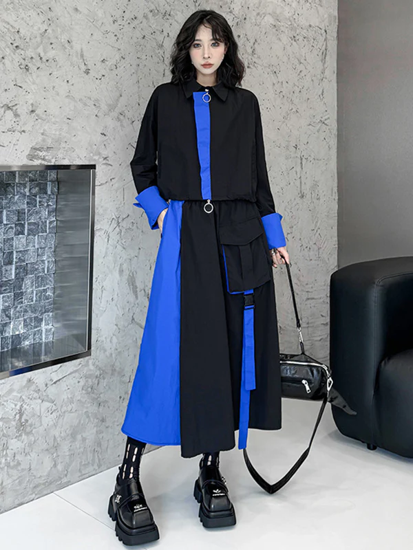Asymmetric Contrast Color Split-Joint Lapel Blouses&Shirts Tops + A-Line Elasticated Waist Pockets Streamer Skirts Bottoms Two Pieces Set - Image 3