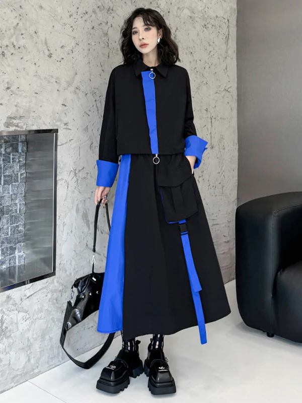 Asymmetric Contrast Color Split-Joint Lapel Blouses&Shirts Tops + A-Line Elasticated Waist Pockets Streamer Skirts Bottoms Two Pieces Set - Image 4