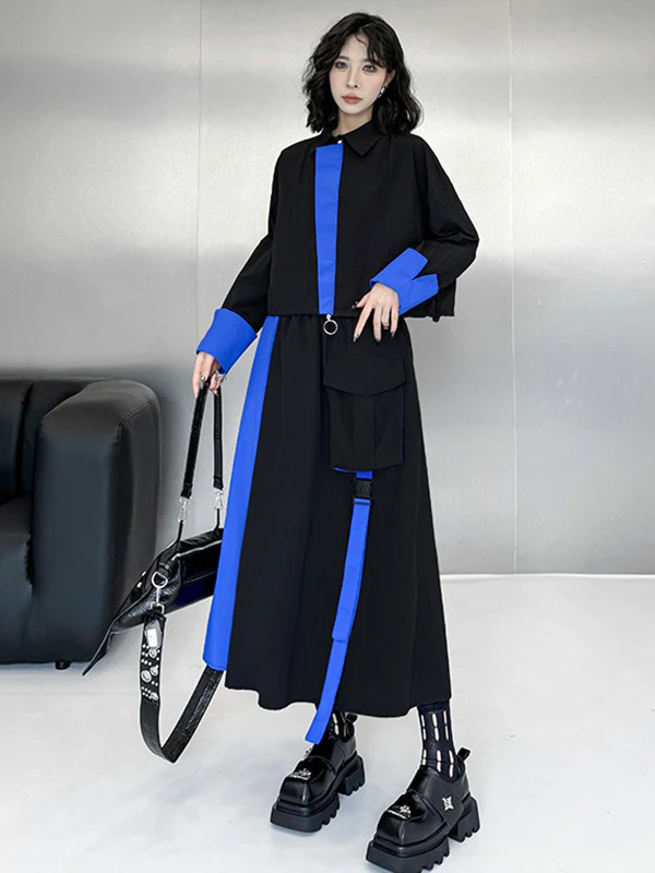 Asymmetric Contrast Color Split-Joint Lapel Blouses&Shirts Tops + A-Line Elasticated Waist Pockets Streamer Skirts Bottoms Two Pieces Set - Image 5