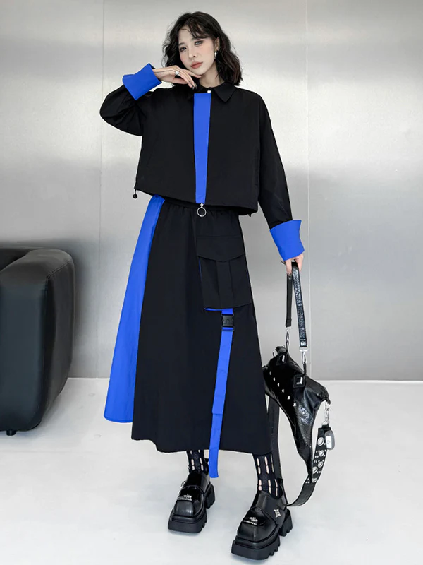 Asymmetric Contrast Color Split-Joint Lapel Blouses&Shirts Tops + A-Line Elasticated Waist Pockets Streamer Skirts Bottoms Two Pieces Set - Image 6
