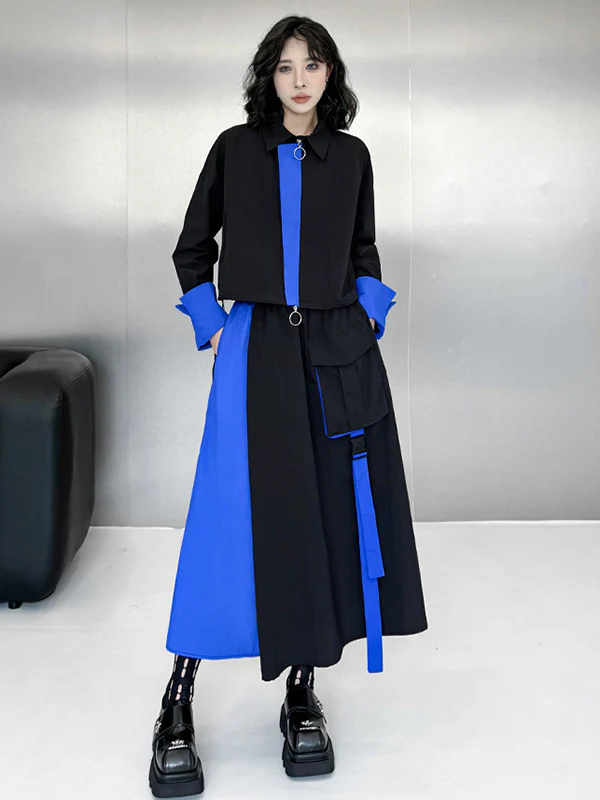 Asymmetric Contrast Color Split-Joint Lapel Blouses&Shirts Tops + A-Line Elasticated Waist Pockets Streamer Skirts Bottoms Two Pieces Set - Image 7
