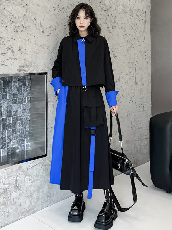 Asymmetric Contrast Color Split-Joint Lapel Blouses&Shirts Tops + A-Line Elasticated Waist Pockets Streamer Skirts Bottoms Two Pieces Set - Image 8