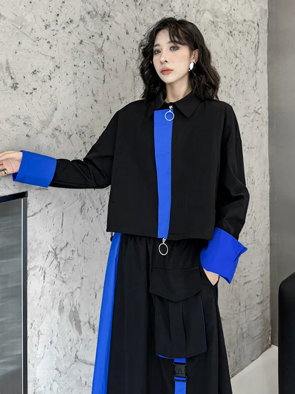 Asymmetric Contrast Color Split-Joint Lapel Blouses&Shirts Tops + A-Line Elasticated Waist Pockets Streamer Skirts Bottoms Two Pieces Set - Image 9