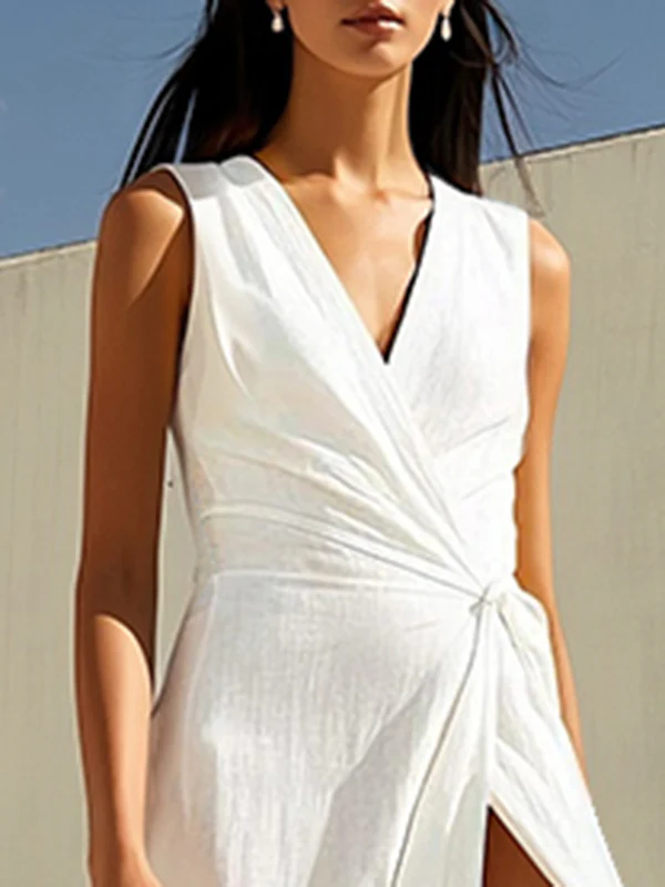 Sleeveless Asymmetric Solid Color Split-Joint Split-Side V-Neck Maxi Dresses - Image 2