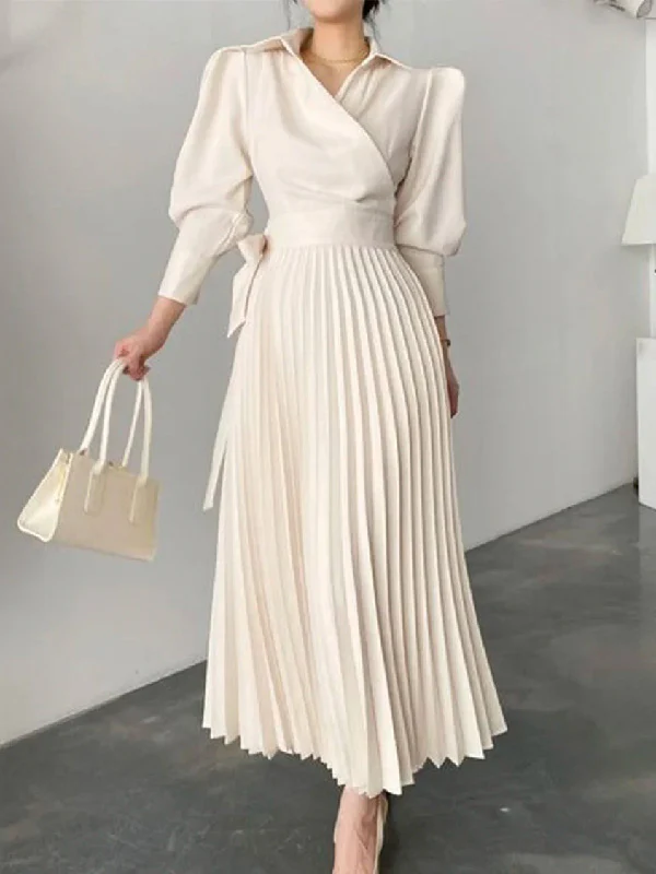 Asymmetric Pleated Solid Color Lapel Maxi Dresses Shirt Dress - Image 2
