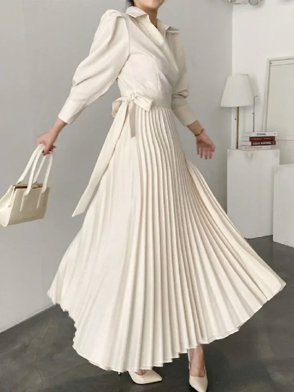 Asymmetric Pleated Solid Color Lapel Maxi Dresses Shirt Dress - Image 3