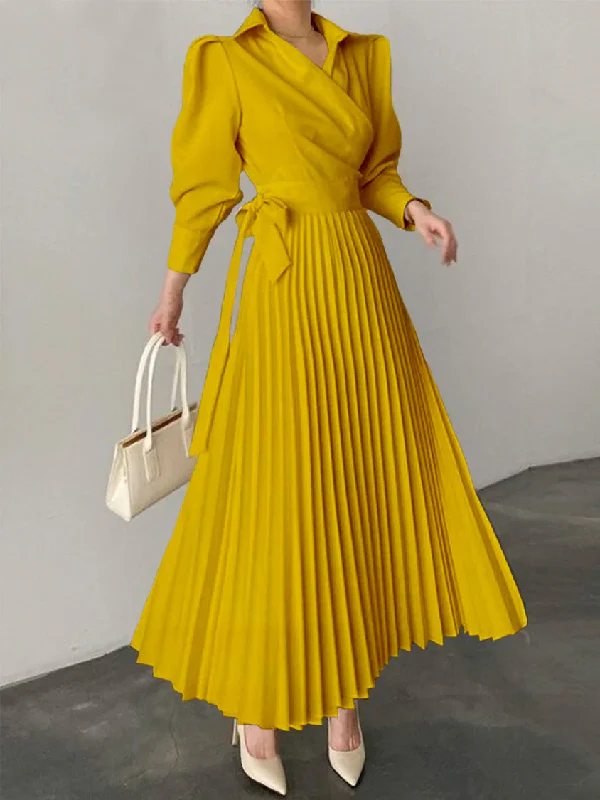 Asymmetric Pleated Solid Color Lapel Maxi Dresses Shirt Dress - Image 4