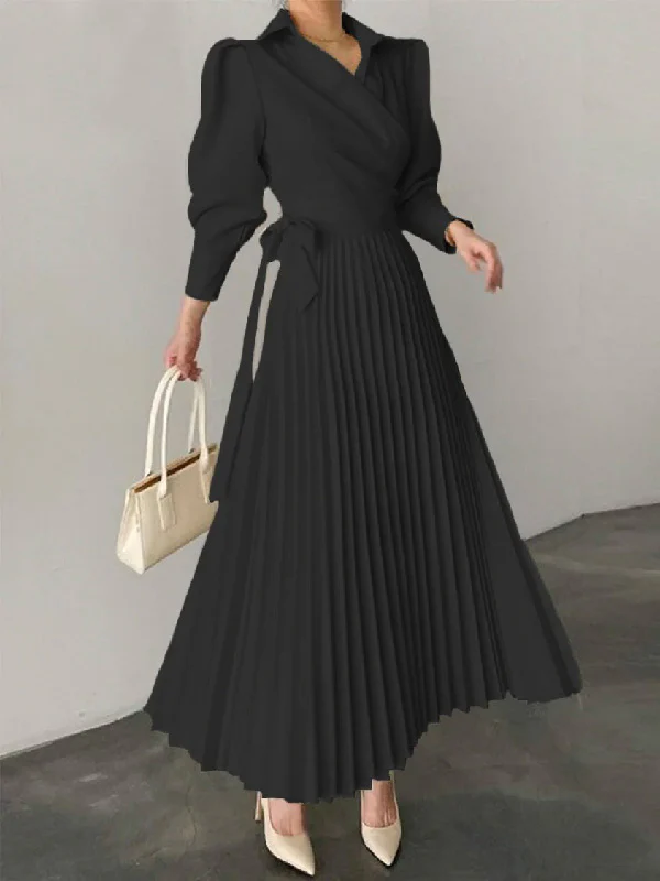 Asymmetric Pleated Solid Color Lapel Maxi Dresses Shirt Dress - Image 5