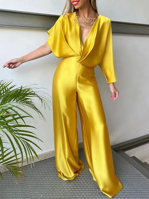 Asymmetric Solid Color Deep V-Neck Jumpsuits - Image 2
