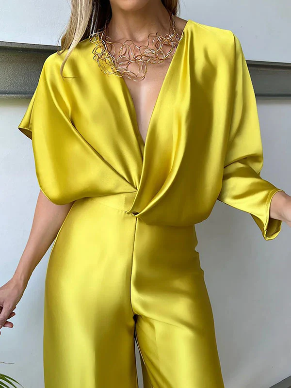 Asymmetric Solid Color Deep V-Neck Jumpsuits - Image 3