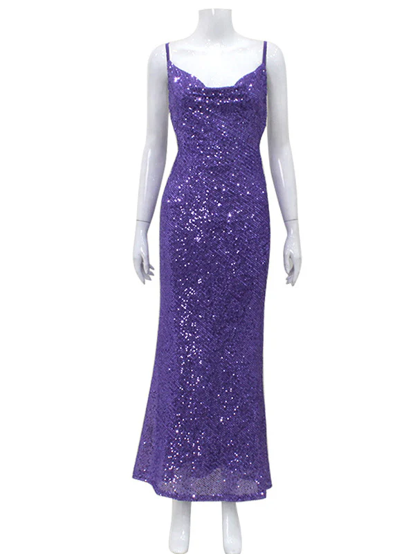Back Cross Sequined Split-Joint Spaghetti-Neck Maxi Dresses - Image 8