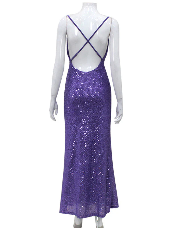 Back Cross Sequined Split-Joint Spaghetti-Neck Maxi Dresses - Image 9