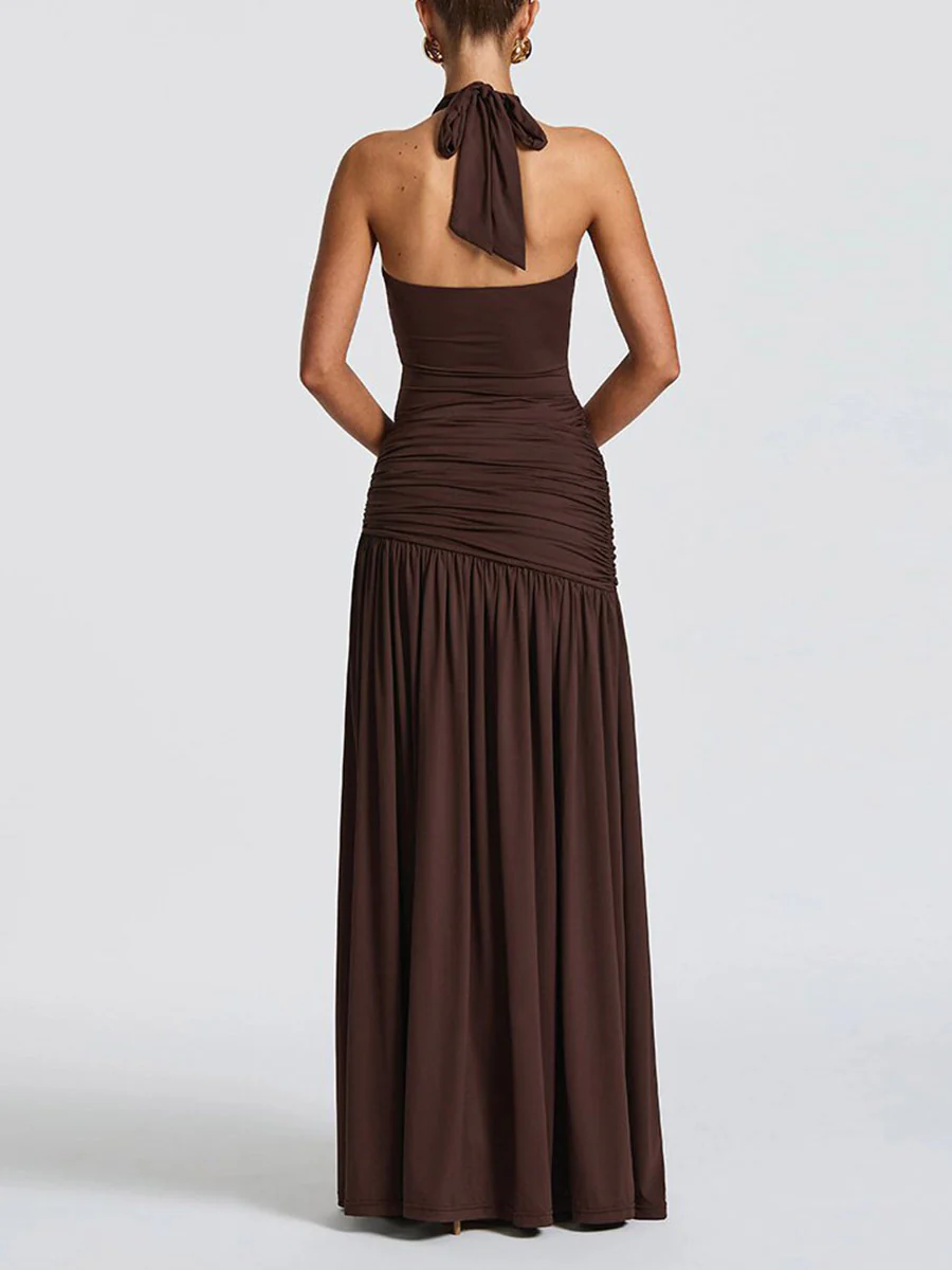 Back Stretch Equipment Bodycon Buckle Pleated Solid Color Split-Joint Split-Side Halter-Neck Maxi Dresses - Image 10
