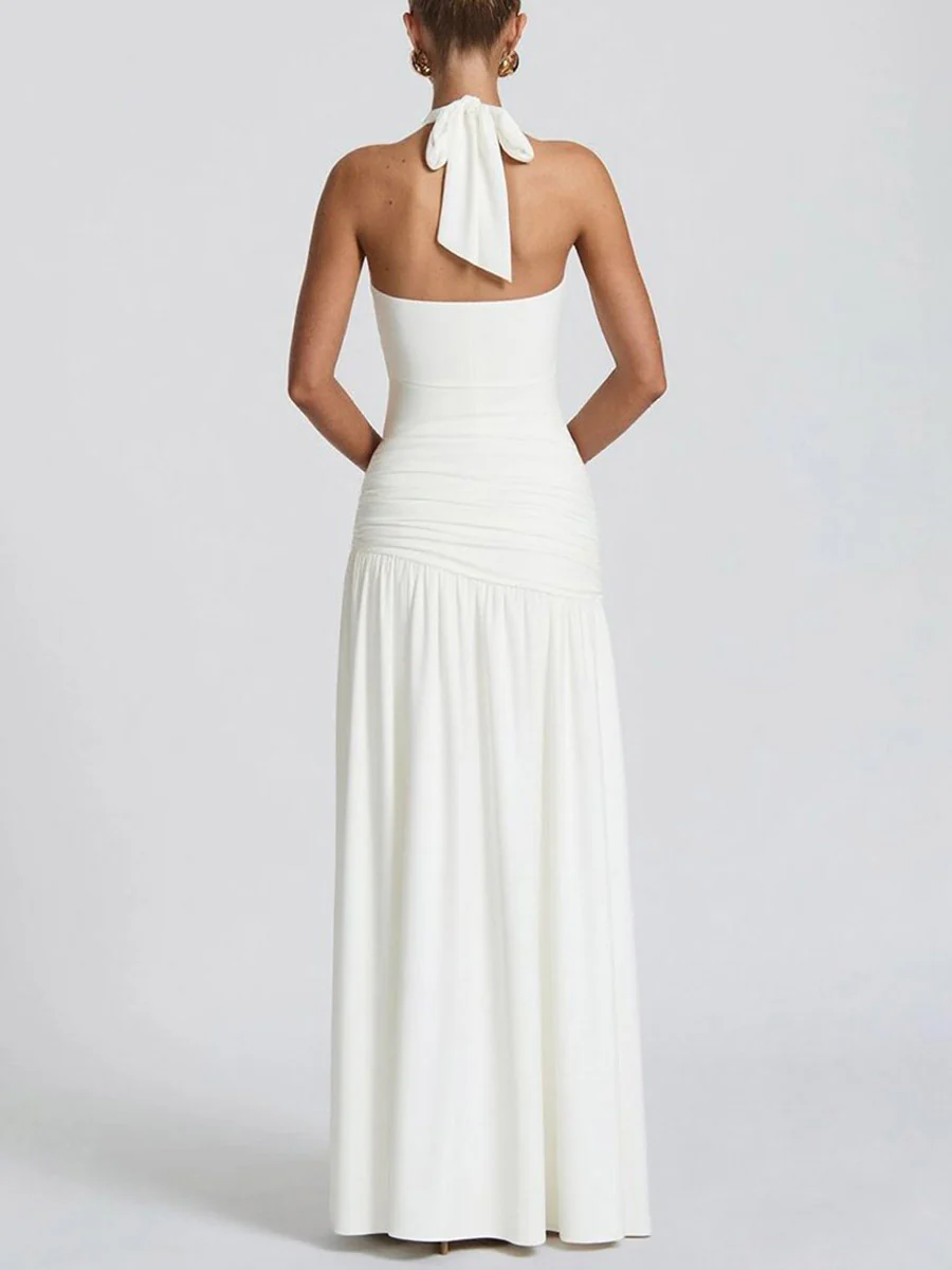 Back Stretch Equipment Bodycon Buckle Pleated Solid Color Split-Joint Split-Side Halter-Neck Maxi Dresses - Image 6