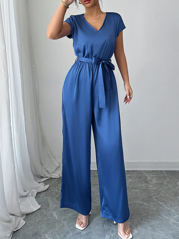 High Waisted Loose Backless Pleated Pockets Solid Color Tied Waist V-Neck Jumpsuits - Image 2