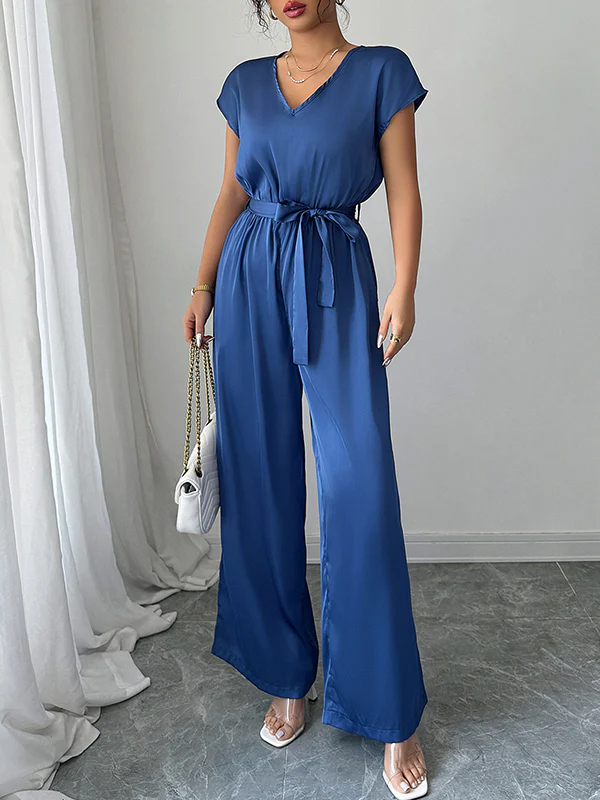 High Waisted Loose Backless Pleated Pockets Solid Color Tied Waist V-Neck Jumpsuits - Image 3