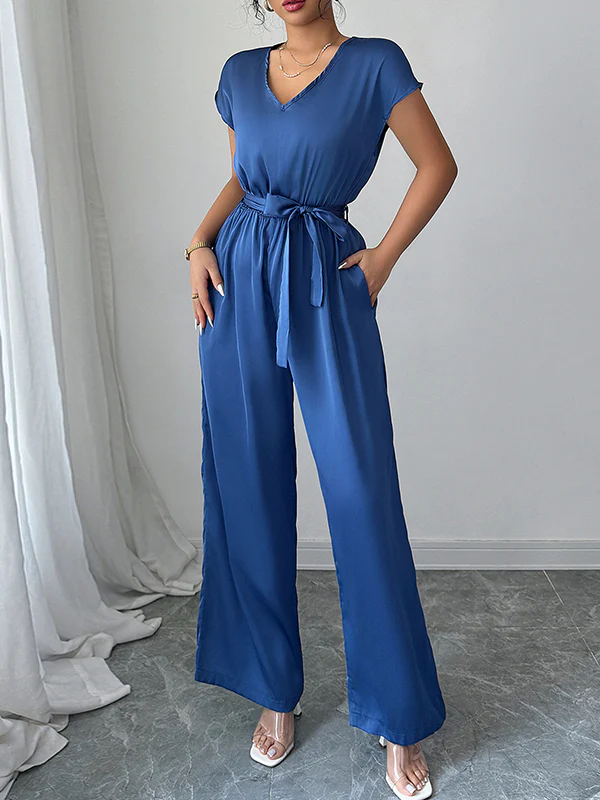 High Waisted Loose Backless Pleated Pockets Solid Color Tied Waist V-Neck Jumpsuits - Image 4