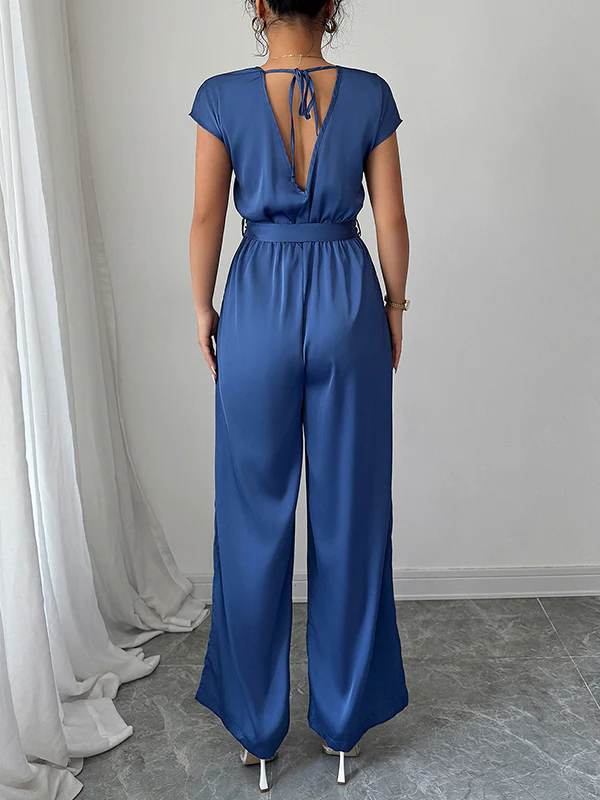 High Waisted Loose Backless Pleated Pockets Solid Color Tied Waist V-Neck Jumpsuits - Image 5