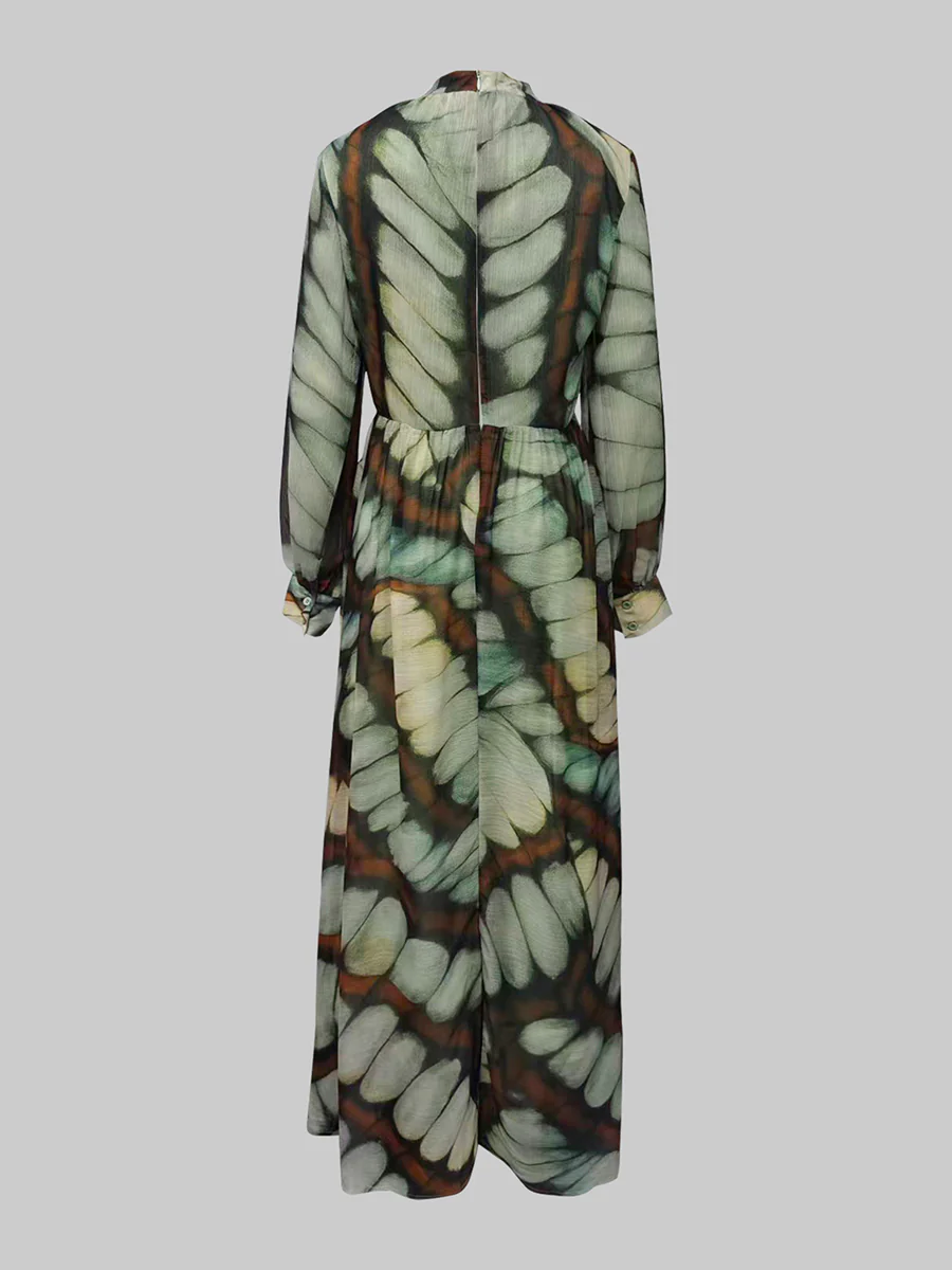 Balloon Sleeves Long Sleeves Big Hemline Contrast Color Pleated Print Zipper Stand Collar Maxi Dresses - Image 10