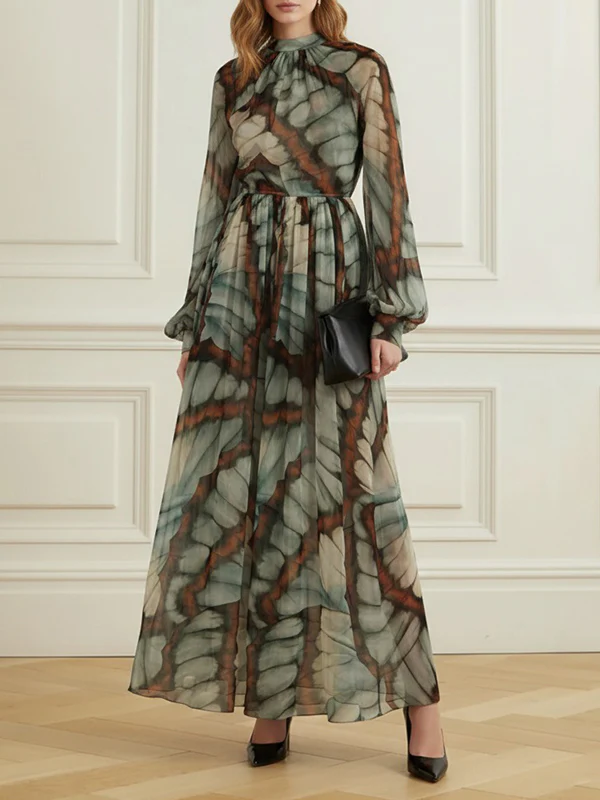 Balloon Sleeves Long Sleeves Big Hemline Contrast Color Pleated Print Zipper Stand Collar Maxi Dresses - Image 2