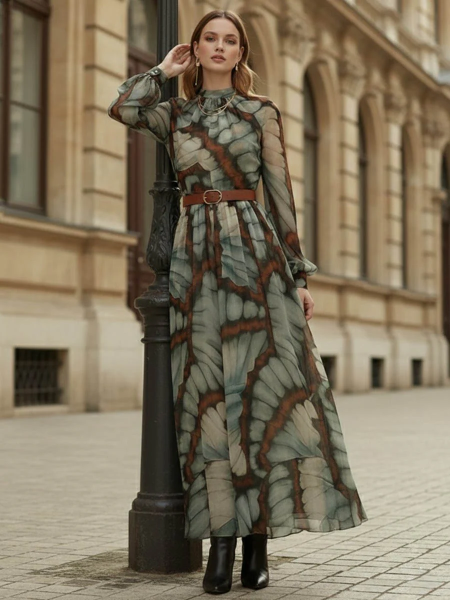 Balloon Sleeves Long Sleeves Big Hemline Contrast Color Pleated Print Zipper Stand Collar Maxi Dresses - Image 3
