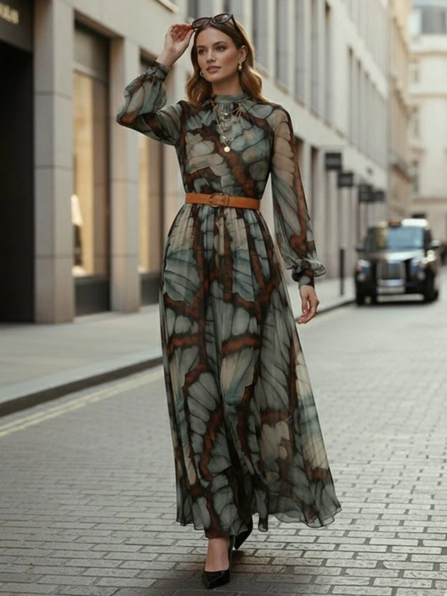 Balloon Sleeves Long Sleeves Big Hemline Contrast Color Pleated Print Zipper Stand Collar Maxi Dresses - Image 4