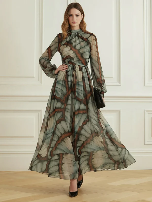 Balloon Sleeves Long Sleeves Big Hemline Contrast Color Pleated Print Zipper Stand Collar Maxi Dresses - Image 5