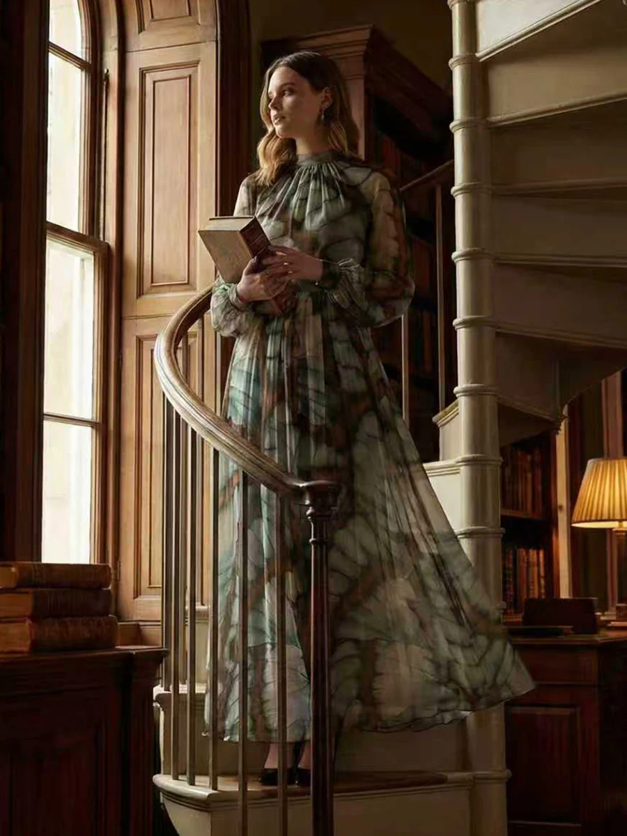 Balloon Sleeves Long Sleeves Big Hemline Contrast Color Pleated Print Zipper Stand Collar Maxi Dresses - Image 6