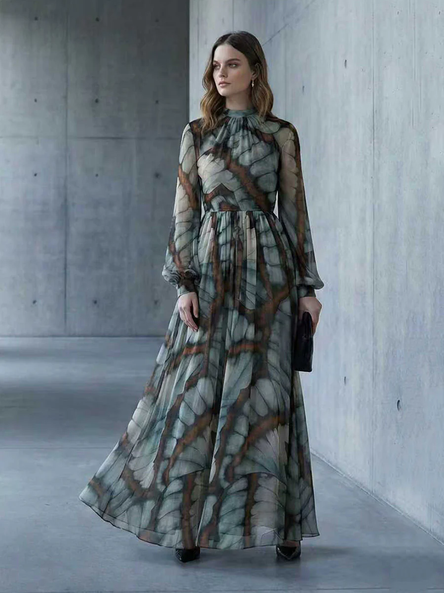 Balloon Sleeves Long Sleeves Big Hemline Contrast Color Pleated Print Zipper Stand Collar Maxi Dresses - Image 7