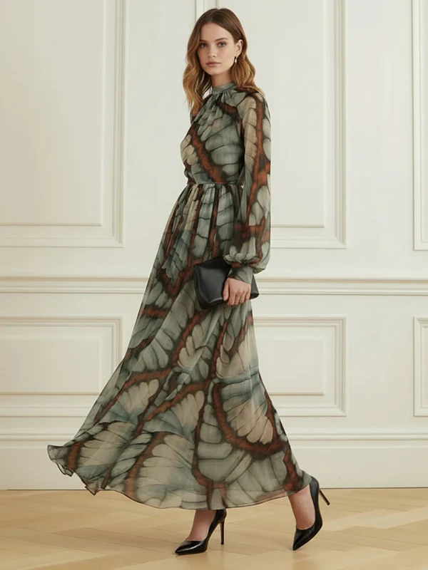 Balloon Sleeves Long Sleeves Big Hemline Contrast Color Pleated Print Zipper Stand Collar Maxi Dresses - Image 8