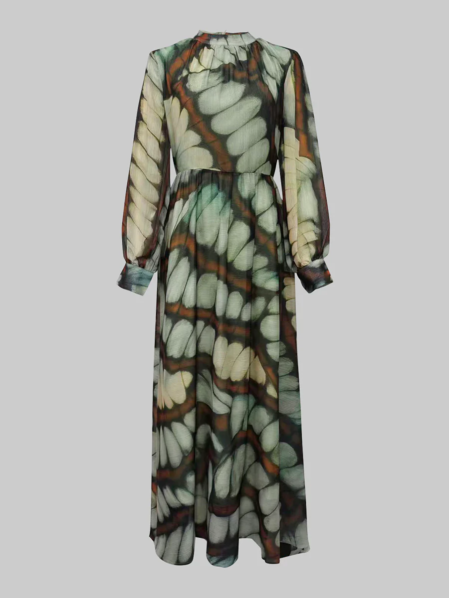 Balloon Sleeves Long Sleeves Big Hemline Contrast Color Pleated Print Zipper Stand Collar Maxi Dresses - Image 9