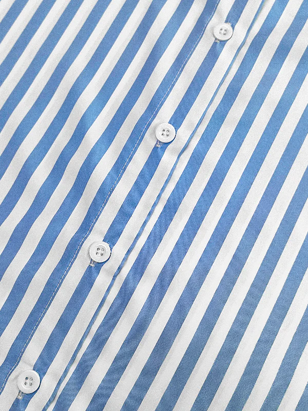 Balloon Sleeves Long Sleeves Buttoned Striped Bow Collar Blouses - Image 8