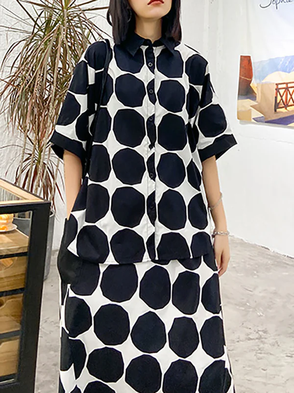 Batwing Sleeves Buttoned Polka-Dot Round-Neck Shirts Top + Elasticity Pockets Harem Pants Pants Bottom Two Pieces Set - Image 10