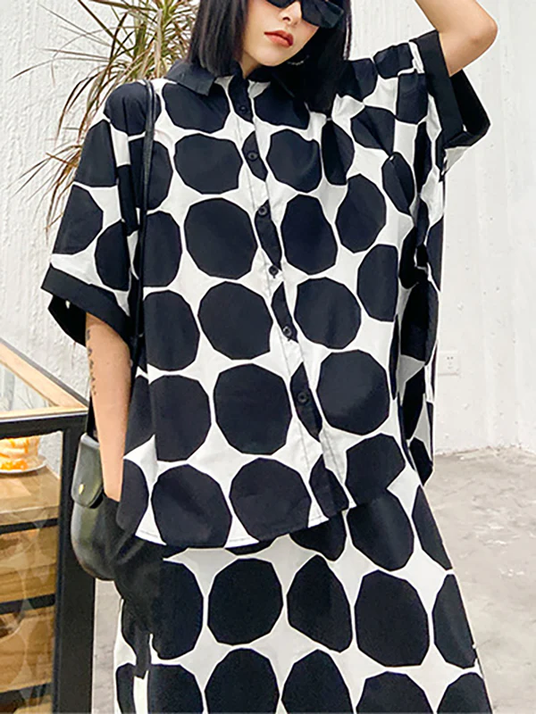 Batwing Sleeves Buttoned Polka-Dot Round-Neck Shirts Top + Elasticity Pockets Harem Pants Pants Bottom Two Pieces Set - Image 12