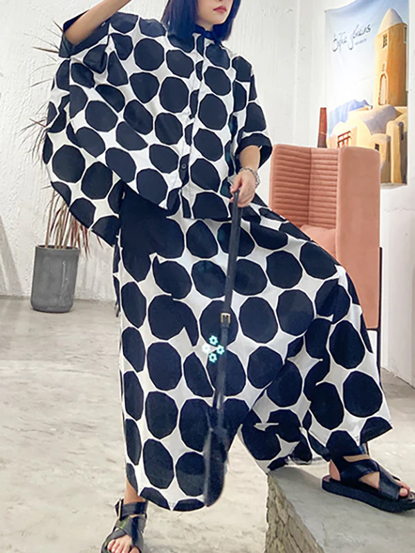 Batwing Sleeves Buttoned Polka-Dot Round-Neck Shirts Top + Elasticity Pockets Harem Pants Pants Bottom Two Pieces Set - Image 13