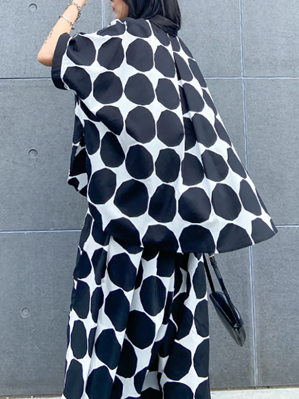Batwing Sleeves Buttoned Polka-Dot Round-Neck Shirts Top + Elasticity Pockets Harem Pants Pants Bottom Two Pieces Set - Image 14