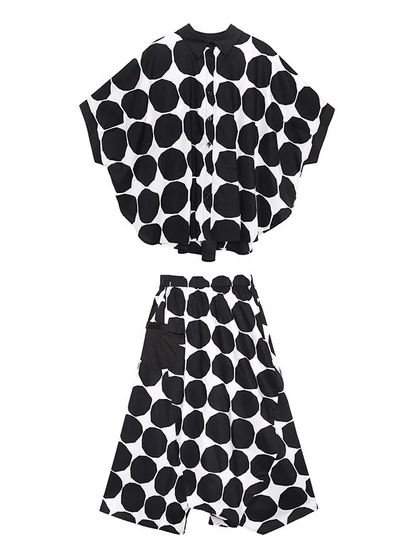 Batwing Sleeves Buttoned Polka-Dot Round-Neck Shirts Top + Elasticity Pockets Harem Pants Pants Bottom Two Pieces Set - Image 15