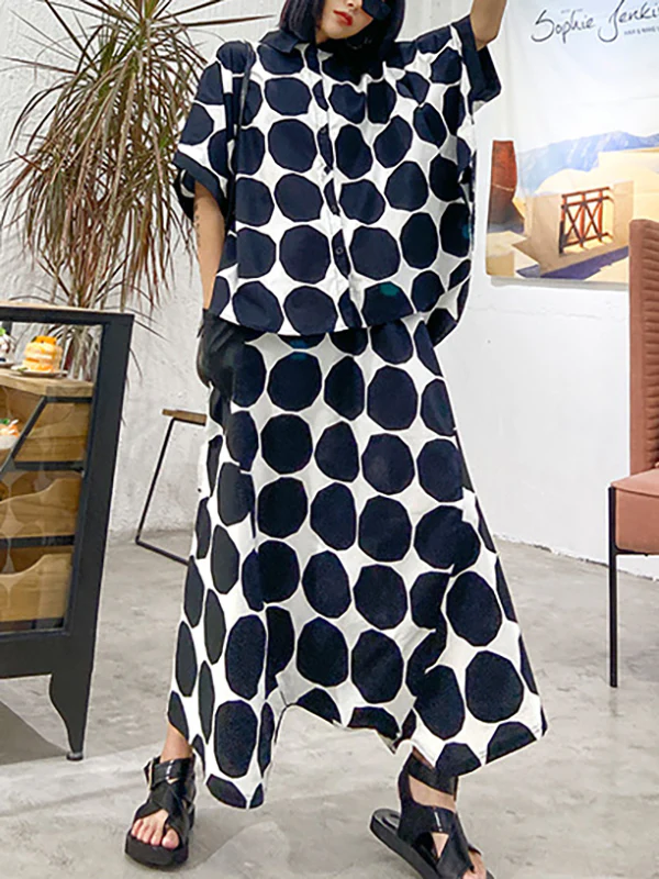 Batwing Sleeves Buttoned Polka-Dot Round-Neck Shirts Top + Elasticity Pockets Harem Pants Pants Bottom Two Pieces Set - Image 2