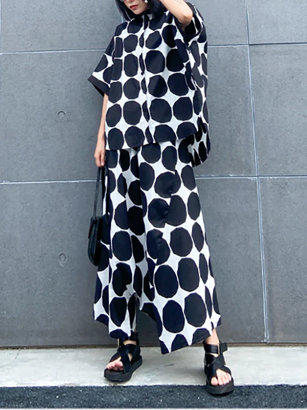 Batwing Sleeves Buttoned Polka-Dot Round-Neck Shirts Top + Elasticity Pockets Harem Pants Pants Bottom Two Pieces Set - Image 3