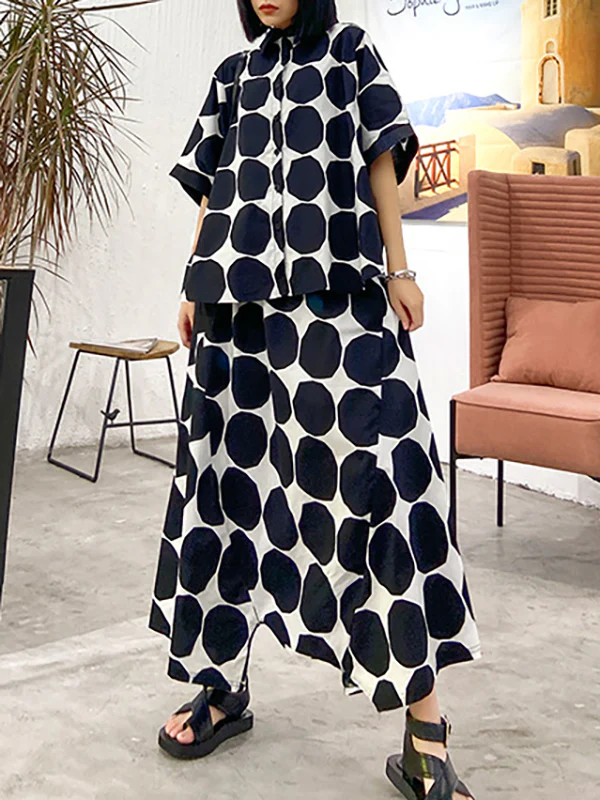 Batwing Sleeves Buttoned Polka-Dot Round-Neck Shirts Top + Elasticity Pockets Harem Pants Pants Bottom Two Pieces Set - Image 5
