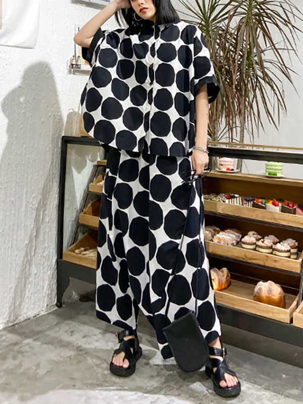 Batwing Sleeves Buttoned Polka-Dot Round-Neck Shirts Top + Elasticity Pockets Harem Pants Pants Bottom Two Pieces Set - Image 6